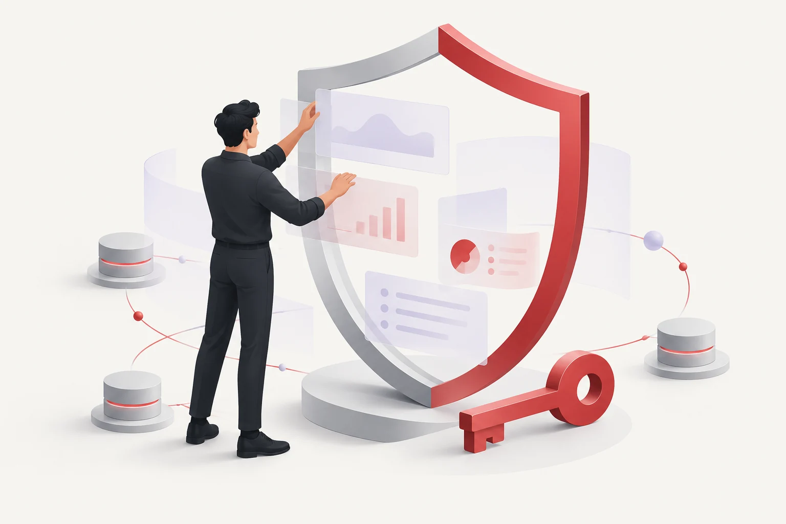 A person arranging data panels within a stylised shield.